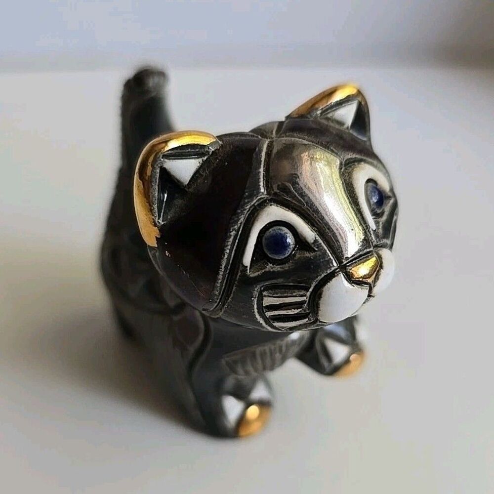 Vtg Artesania Rinconada DeRosa Signed Siamese Cat Blue 24k Gold Figurine #1714